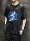 White Crane Embroidery Summer Round Neck T-shirt for Men