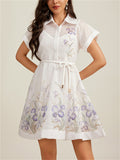 Female Lapel Short Sleeve Printed Tie Dresses