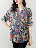 Colored Drawing Print V Neck Half Sleeve Rhinestone Shirt for Lady