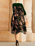 Women's Noble Green Square Neck Floral Print Velour Dresses