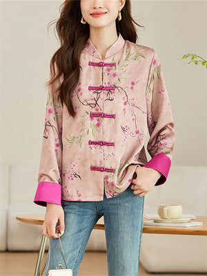 Chinese Style Peach Blossom Print Shirt for Women