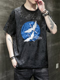 White Crane Embroidery Summer Round Neck T-shirt for Men