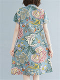 Summer Female Floral Print Round Neck Elegant Knee Length Dress