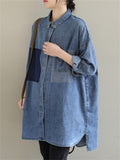 Women's Blue Single-Breasted Lapel Oversized Stylish Denim Shirt