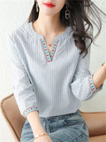 Ethnic V Neck Embroidery 3/4 Sleeve Stripe Shirt for Women