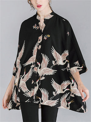 Women's Crane Floral Printing 3/4 Sleeve Oversized Shirts