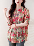 Elegant Tiny Rhinestone V Neck Flowy Floral Print Shirt for Ladies