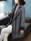 Ladies Vintage Plaid Notched Lapel Plush Lining Overcoat