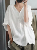 Loose V Neck Half Sleeve Breathable Simple Linen Shirt for Women