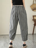 Retro Black & White Plaid Linen Casual Pants for Women