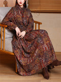 Female Lapel Long Sleeve Retro Print Pleated Long Dress