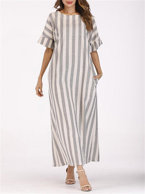 Female Gray White Striped Round Neck Pocket Dress