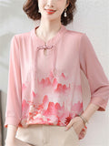 Women's Ancient Style Print Elegant Stand Collar 3/4 Sleeve Shirts