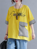 Women's Summer Letter Print Plaid Patch Pocket T-shirt