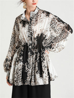 Women's Button Up Lantern Sleeve Printed Satiny Shirts