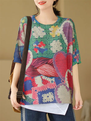 Peach Heart & Flower Print Round Neck Knitted T-shirts for Women