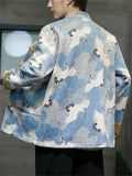 Chinese Fan Crane Printed Faux Suede Jackets for Men