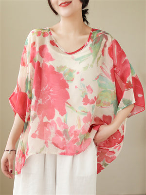 Sweet Red Floral Print See-Through Summer Shirt for Women