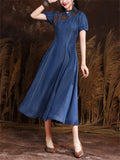 Women's Retro Neckline Embroidery Mid Length A-Line Denim Dress