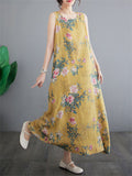 Chinese Rose Print Retro Yellow Tank Dress for Women