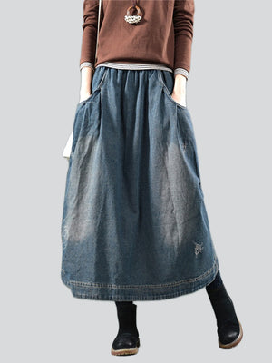 Retro Pocket Elastic Waist Blue Denim Skirt for Women