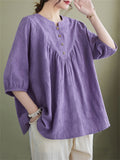 Summer Cotton Linen Half Sleeve Pleated Shirt for Women