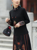 Ethnic High Neck Flower Embroidery Black Shirt for Women