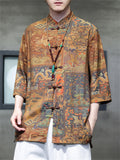 Vintage Shirt with Green Mountain & Chinese Loong Print