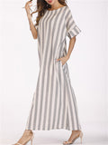 Female Gray White Striped Round Neck Pocket Dress