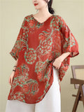 Retro Casual Flower Print Half Sleeve V Neck Shirt for Lady