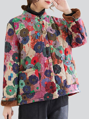 Floral Printed Cozy Fleece-lined Short Coats for Women