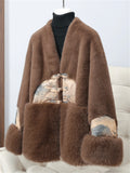 Ladies Vintage Luxury V Neck Knot Button Faux Mink Coats