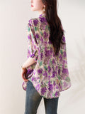 Elegant Tiny Rhinestone V Neck Flowy Floral Print Shirt for Ladies