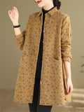 All-Over Floral Print Lapel Mid Length Coat for Lady