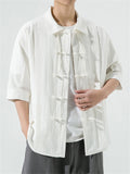 Men's Plain Cotton Linen Tassel Button Summer Tang Suit Shirt