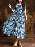 Women's French Style Daisy Print Blue Midi Dress