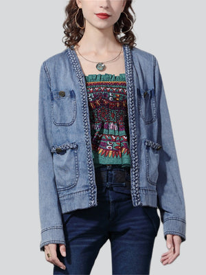 Women's Fashion Multi Pocket Blue Denim Short Jacket