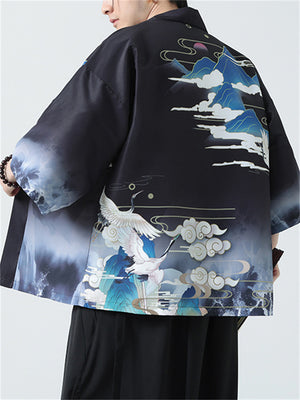 Crane Loong Lotus Print Male Traditional Chinese Shirt