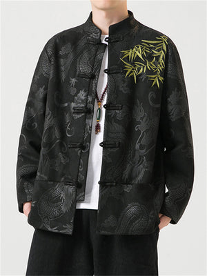 Men's Bamboo Leaf Embroidery Dragon Print Faux Suede Retro Jacket