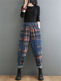 Retro Slimming Color Block Plaid Jeans for Women