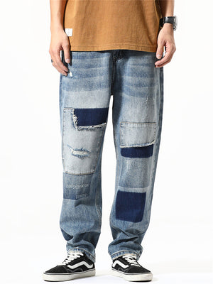 Men's Streetwear Vintage Loose Contrast Color Patch Jeans