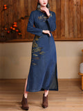 Women's Elegant High-Rise Side Slit Blue Denim Embroidery Qipao