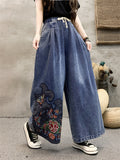 Ethnic Style Peony Embroidery Women's Wide Leg Jeans