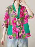 Rose Red Floral Print Half Sleeve Button Shirt for Women