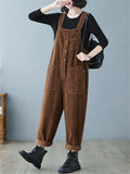 Women's Cute Square Neck Patch Pocket Corduroy Overalls