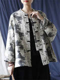 Women's Ethnic Style Black Grey Knot Button Linen Print Jacket