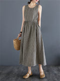 Retro Plaid Sleeveless Cotton Linen Midi Dress for Women