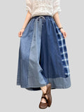 Women's Stylish Plaid Patchwork Drawstring Wide-Leg Jeans