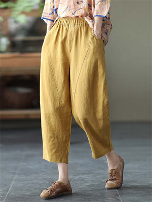 Cotton Linen Elastic Waist Solid Patchwork Women's Pants