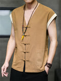 Men's Summer Cotton Linen Breathable Button Sleeveless Vest